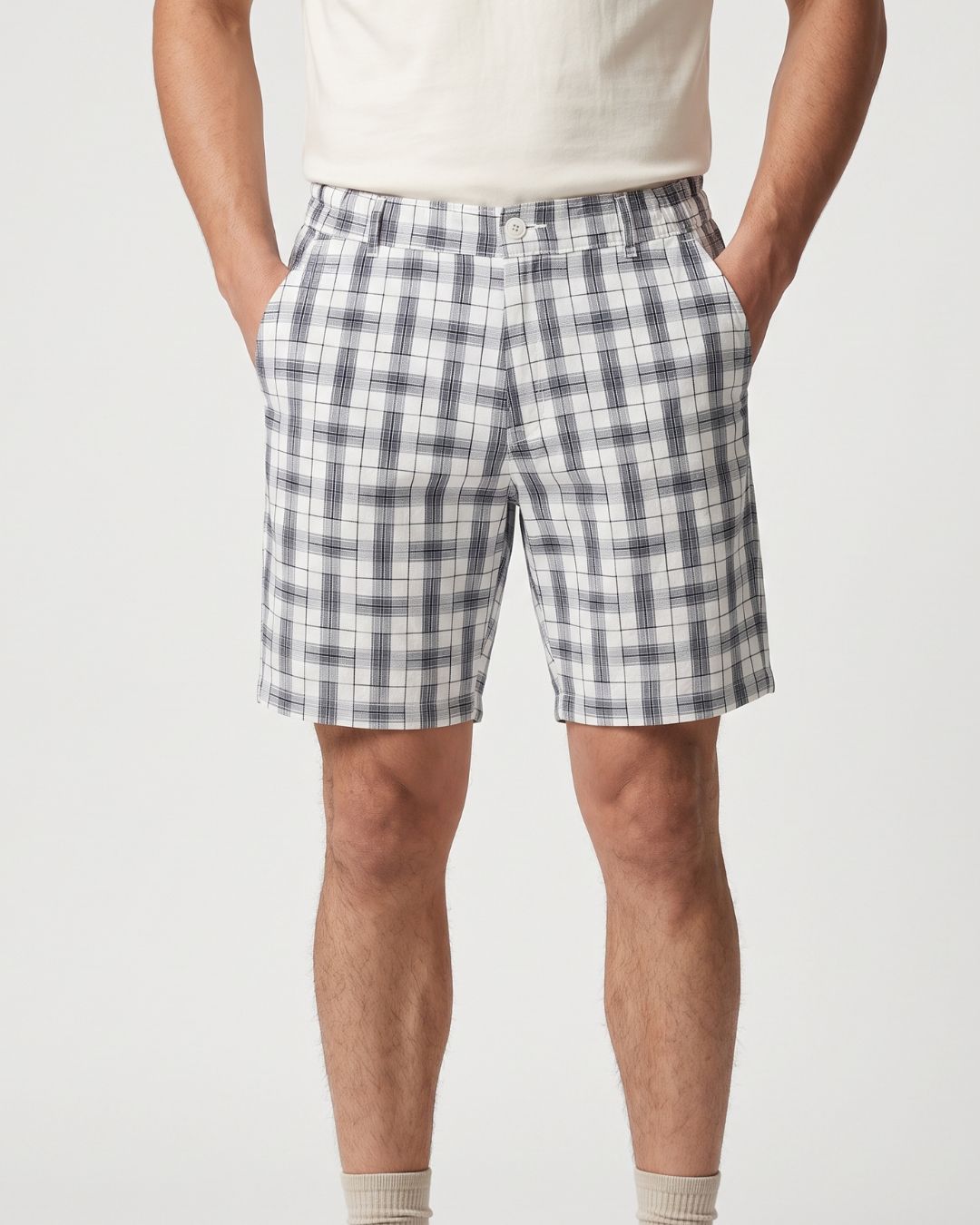 Men’s White & Grey Check Bermuda Shorts