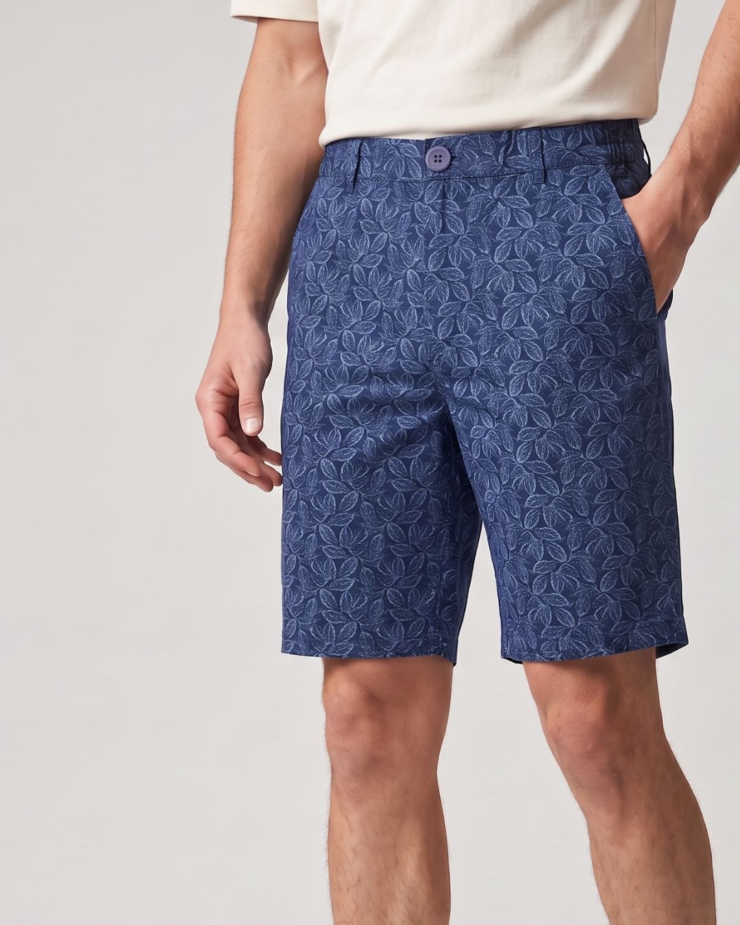 Men’s Navy Blue Leaf Print Bermuda
