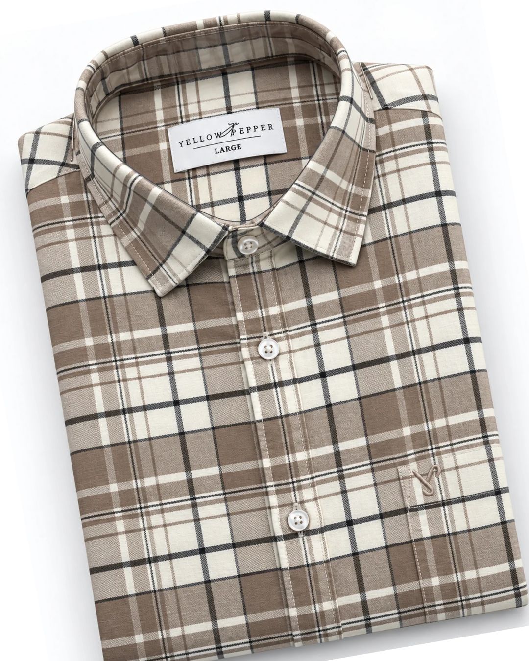 A folded long-sleeve plaid button-down shirt by YellowPeppers in a beige, brown, and black check pattern, shown on a clean white background.