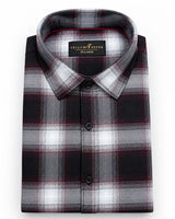 A folded long-sleeve plaid dress shirt in gray, black, and burgundy, with a visible neck label reading 'Yellow River Extra Large'.