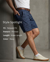 Navy Print Knee Lenth Shorts For Men