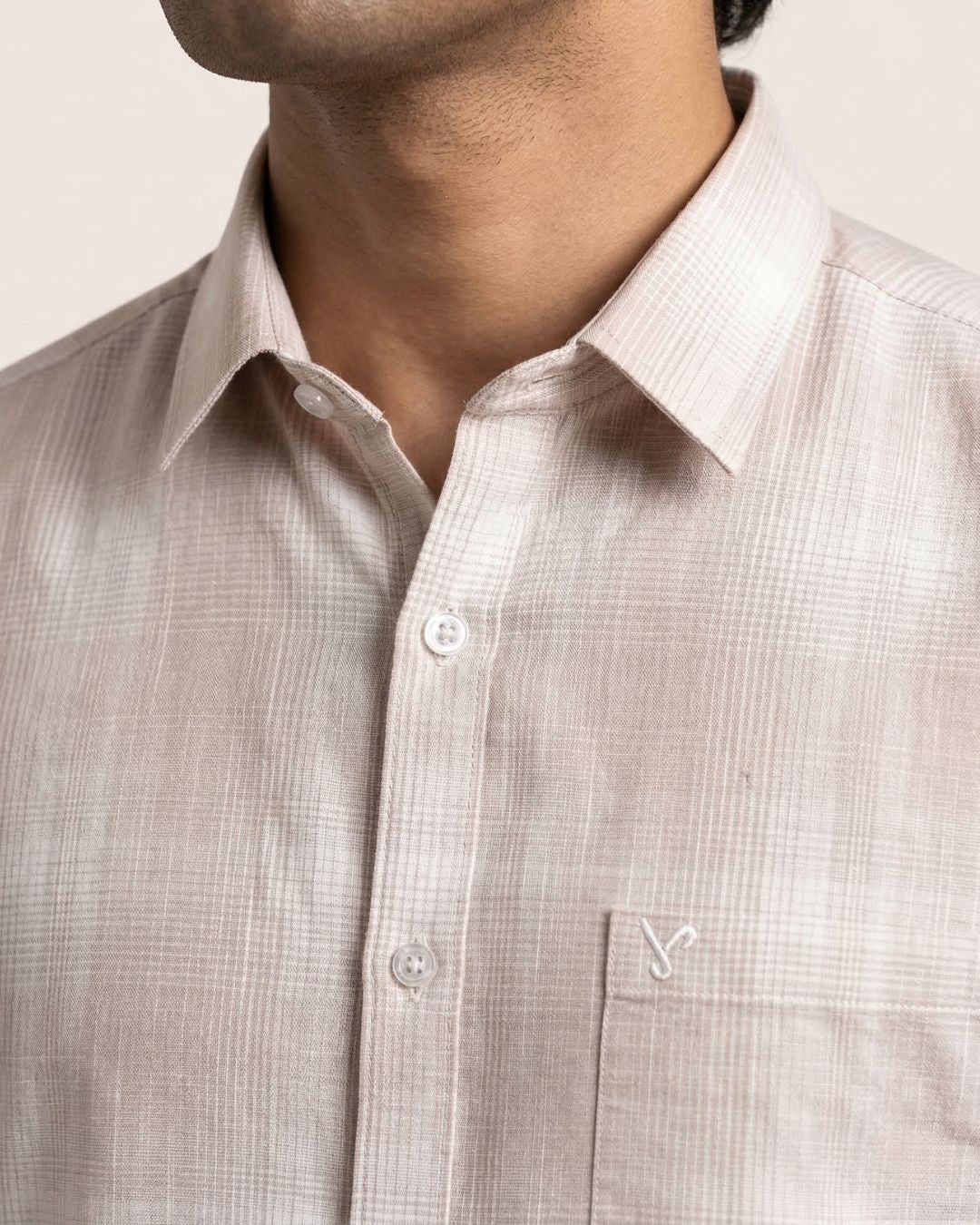 Peach & White Checked Shirt for Men