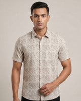 Beige Printed Casual Shirt for Men – Half Sleeve Cotton