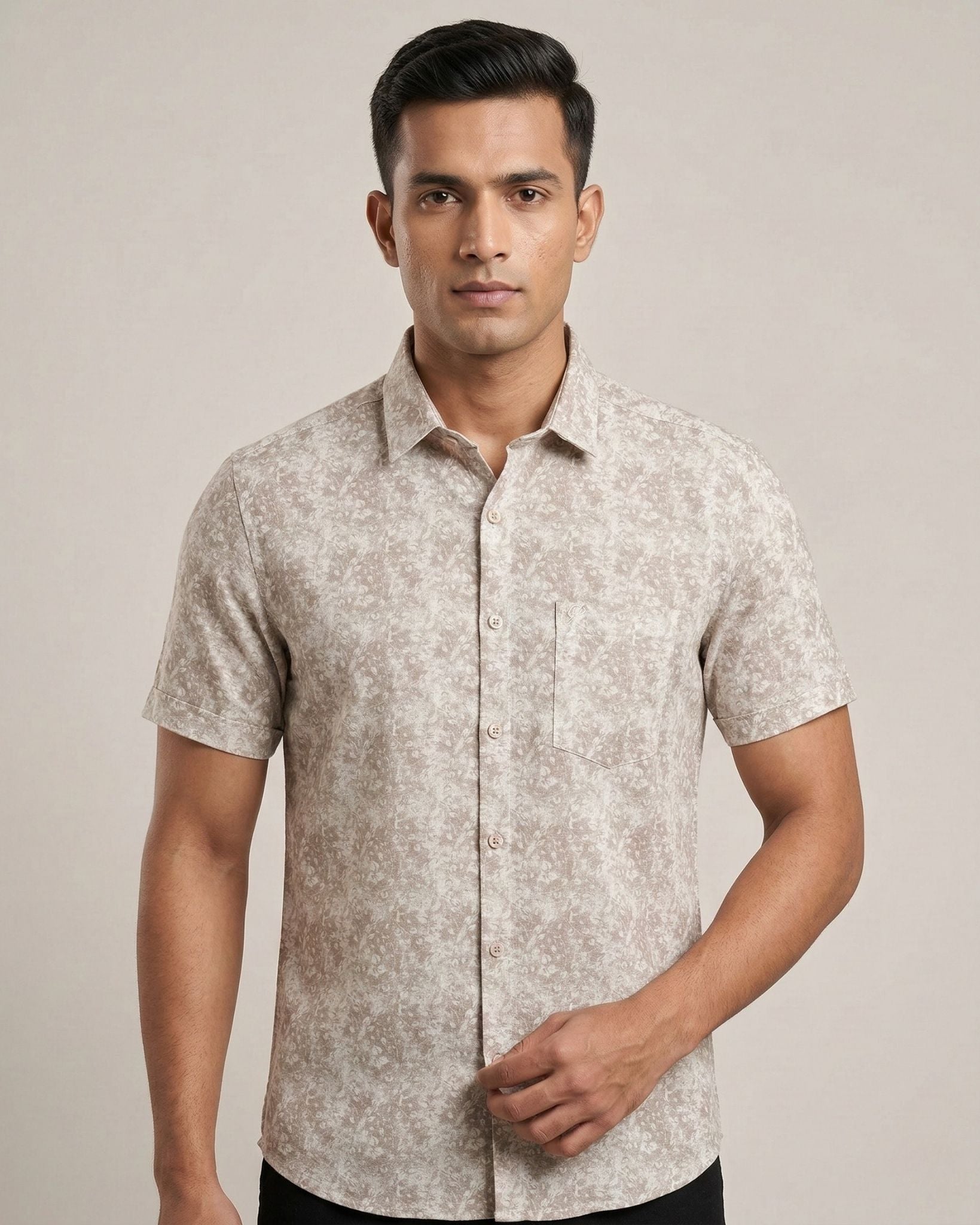 Beige Printed Casual Shirt for Men – Half Sleeve Cotton
