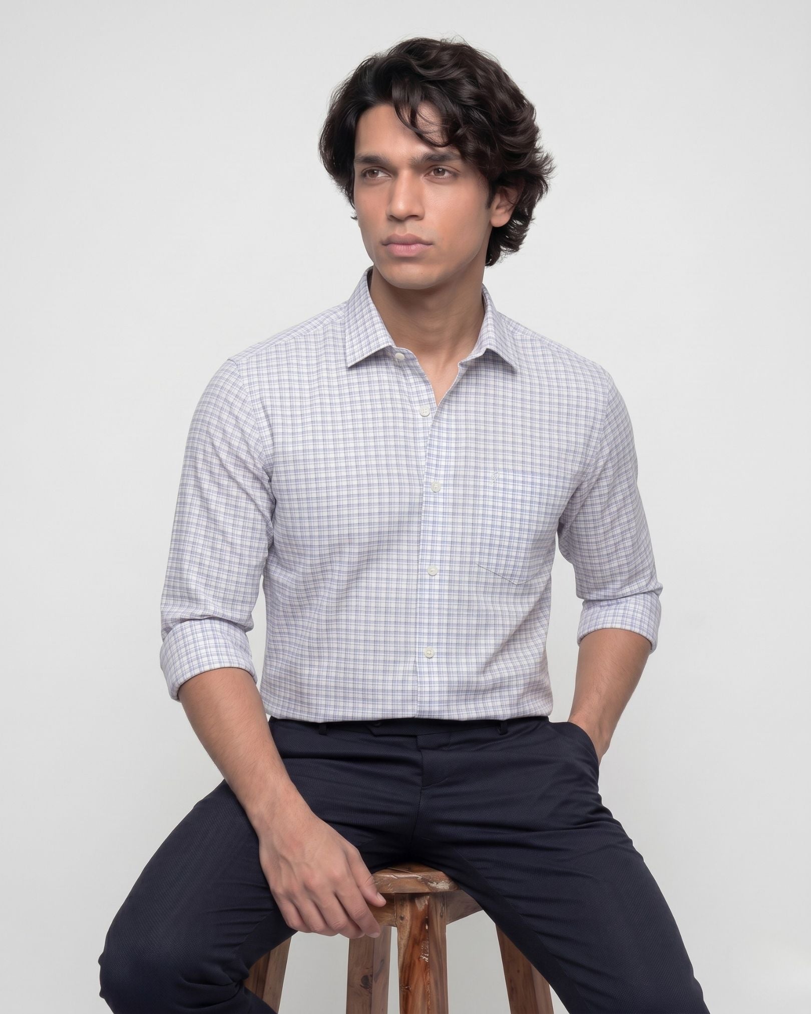 White & Blue Checked Shirt