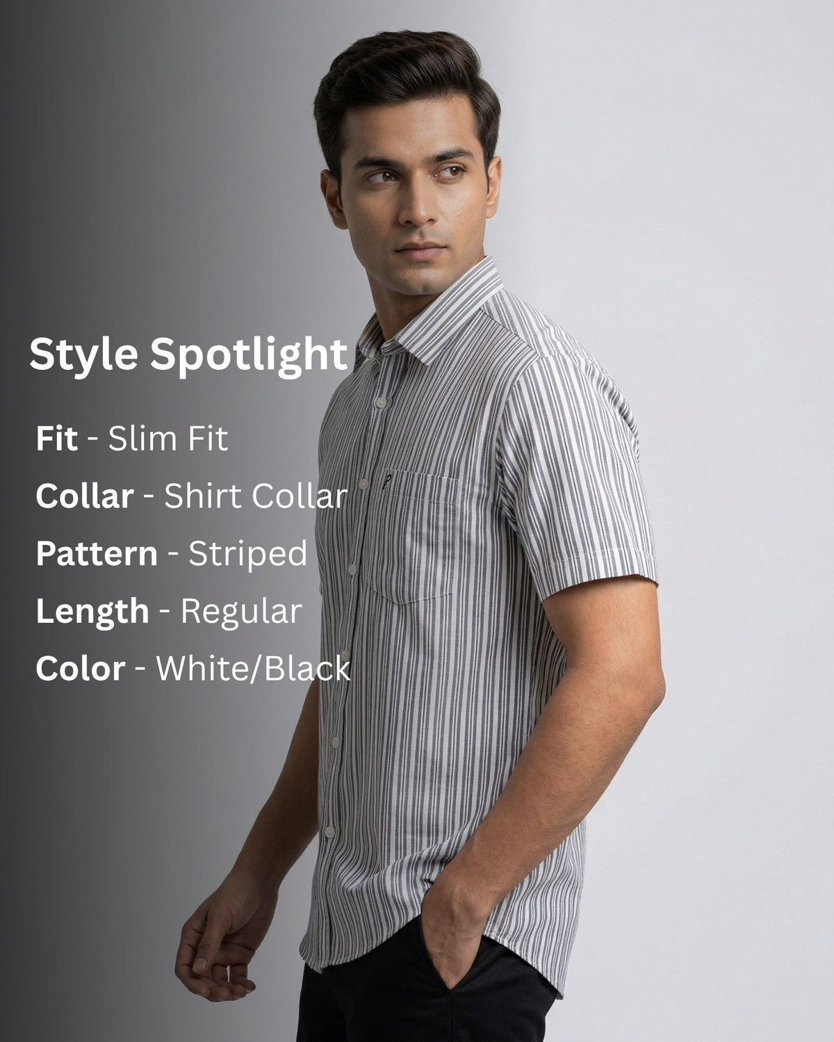 Man wearing a white and black striped shirt with style details on a gray background