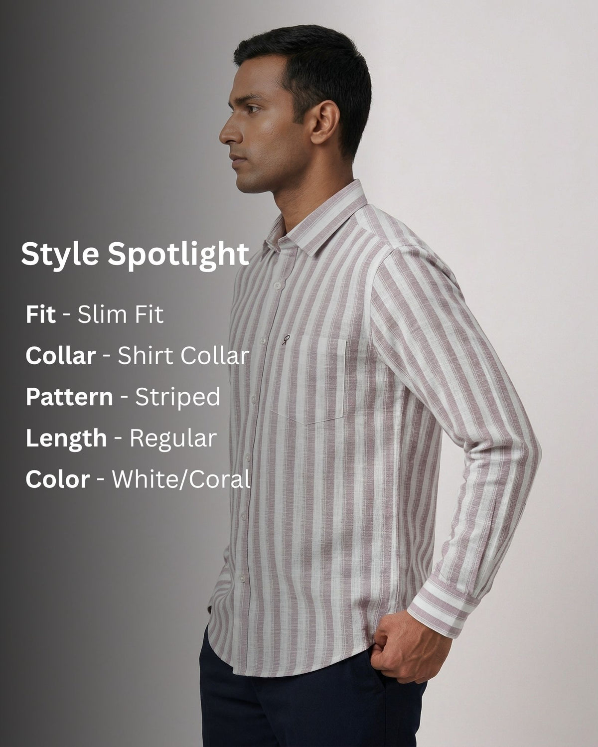 Man wearing a striped shirt with product details on a gray background
