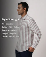 Man wearing a striped shirt with product details on a gray background