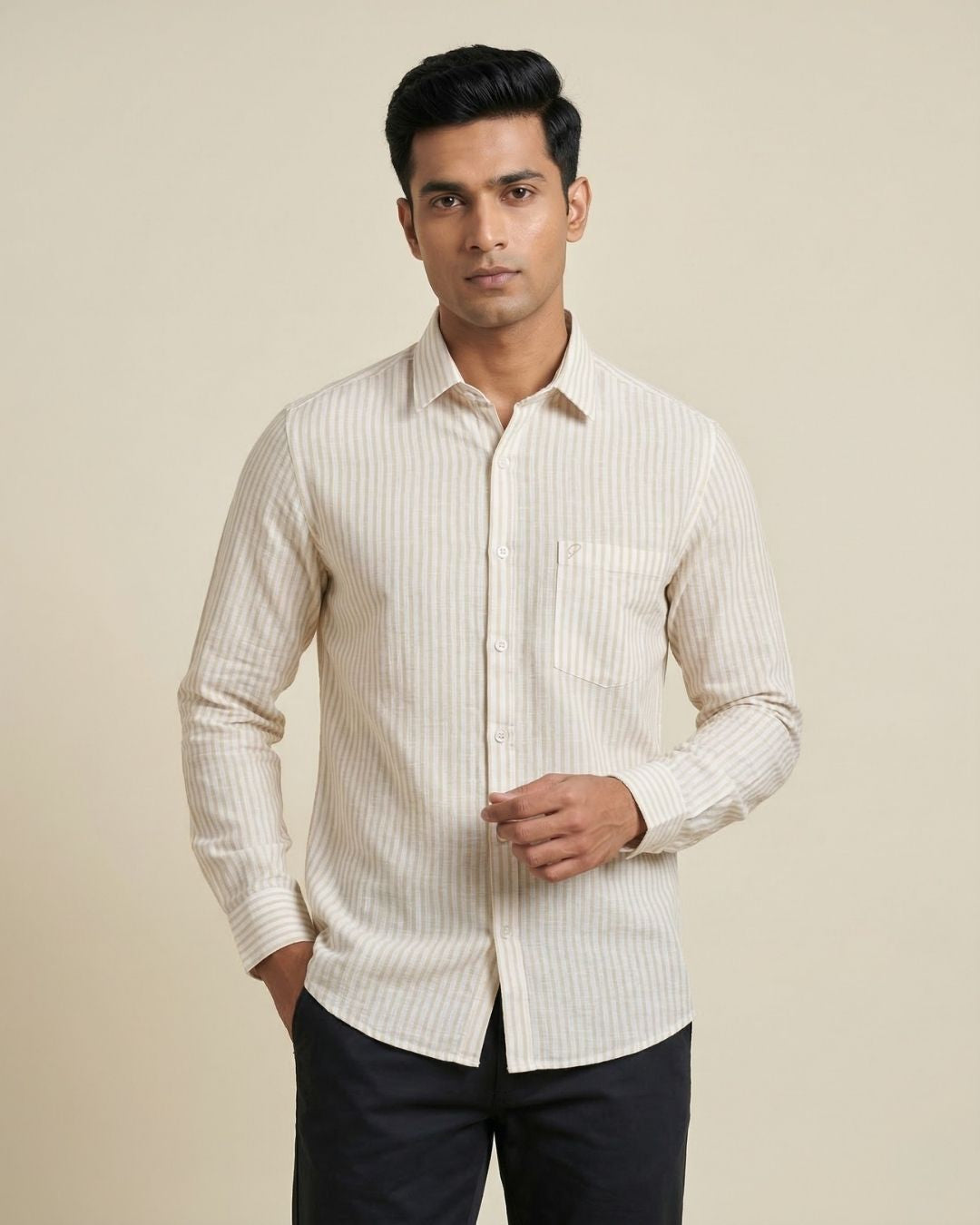 Yellow & White Striped Shirt for Men – Full Sleeve Cotton Blend