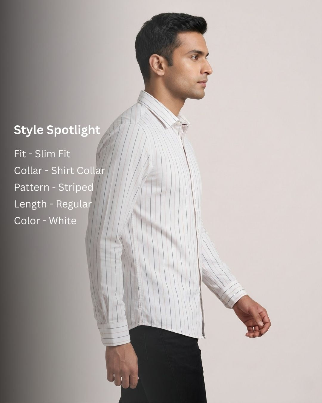 Man wearing a white striped shirt with style details on a light gray background