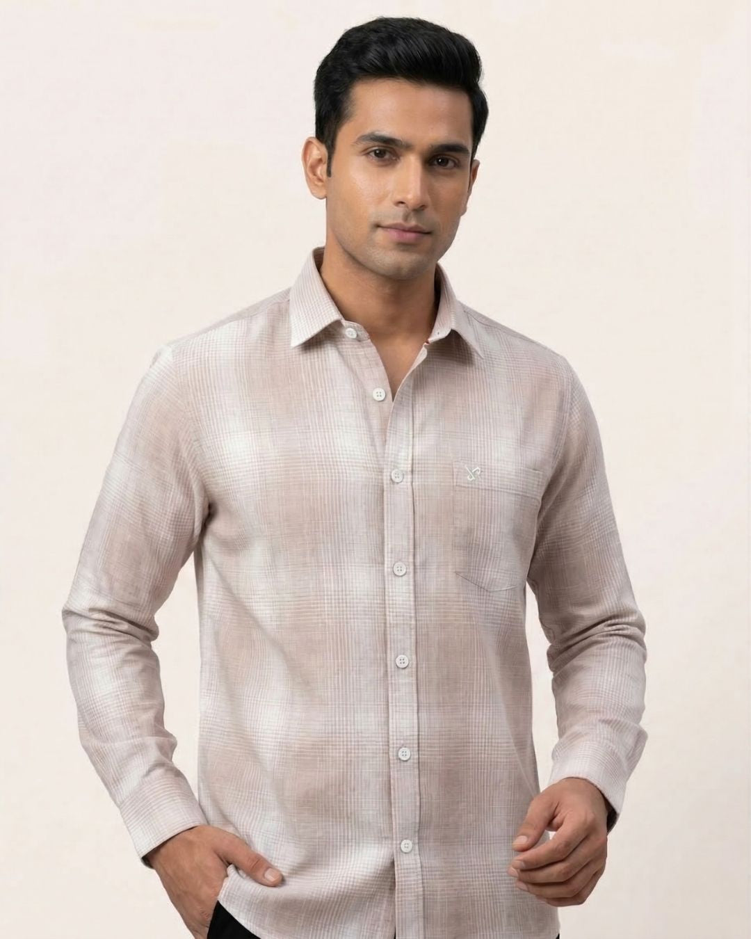 Peach & White Checked Shirt for Men