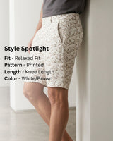 White Print Knee Length Shorts For Men
