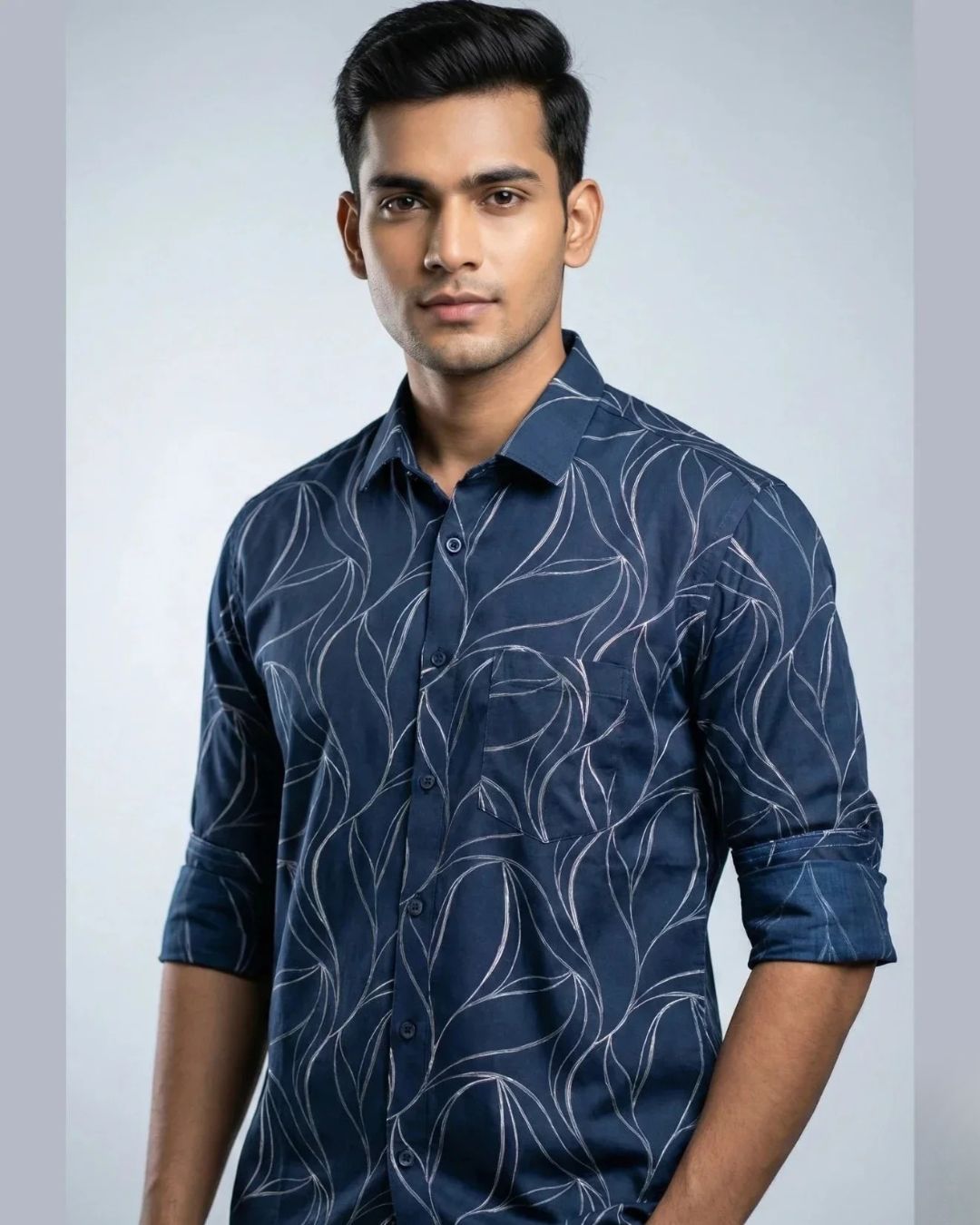 Navy Printed Shirt for Men – Full Sleeve Cotton Casual