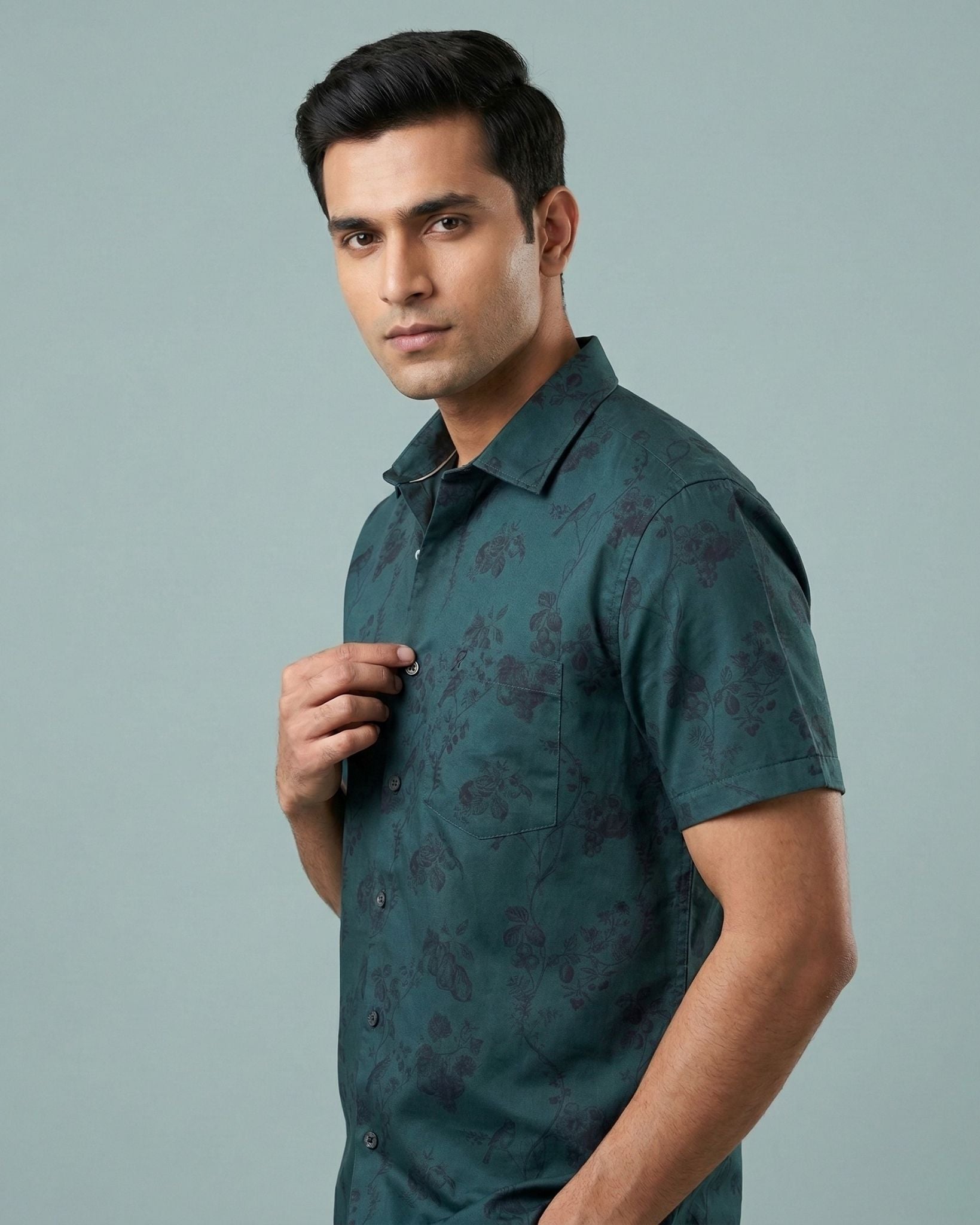 Bottle Green Printed Casual Shirt for Men – Half Sleeve