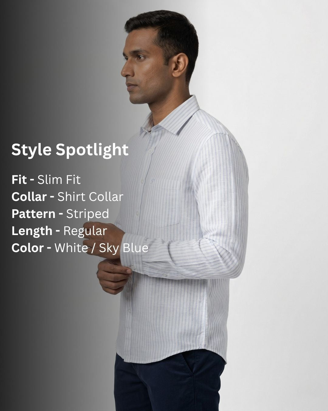 Man wearing a white and sky blue striped shirt with product details on a gray background