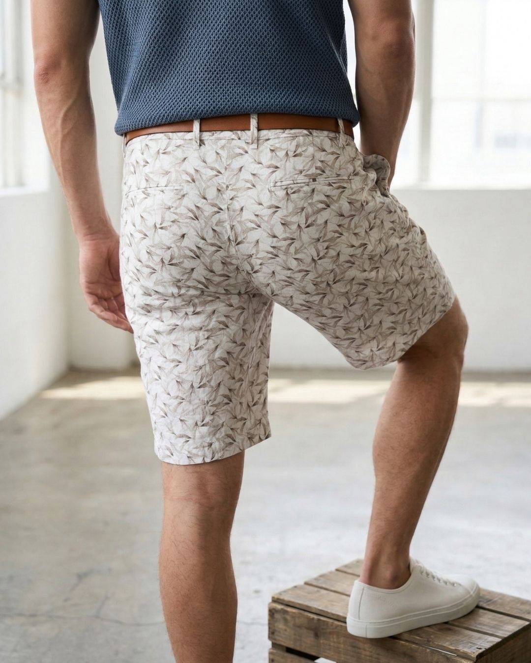 White Print Knee Length Shorts For Men