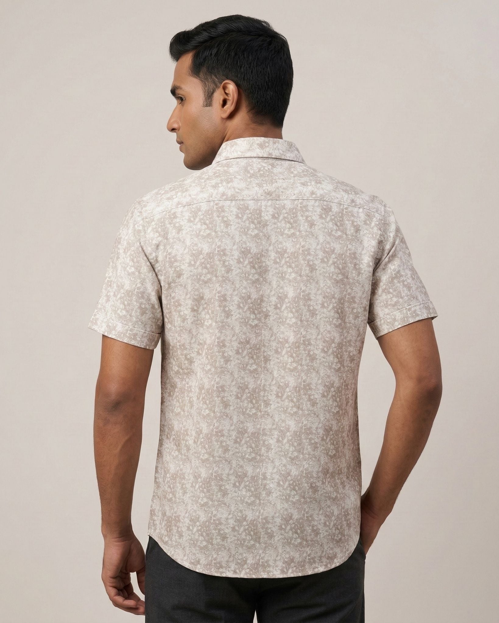 Beige Printed Casual Shirt for Men – Half Sleeve Cotton