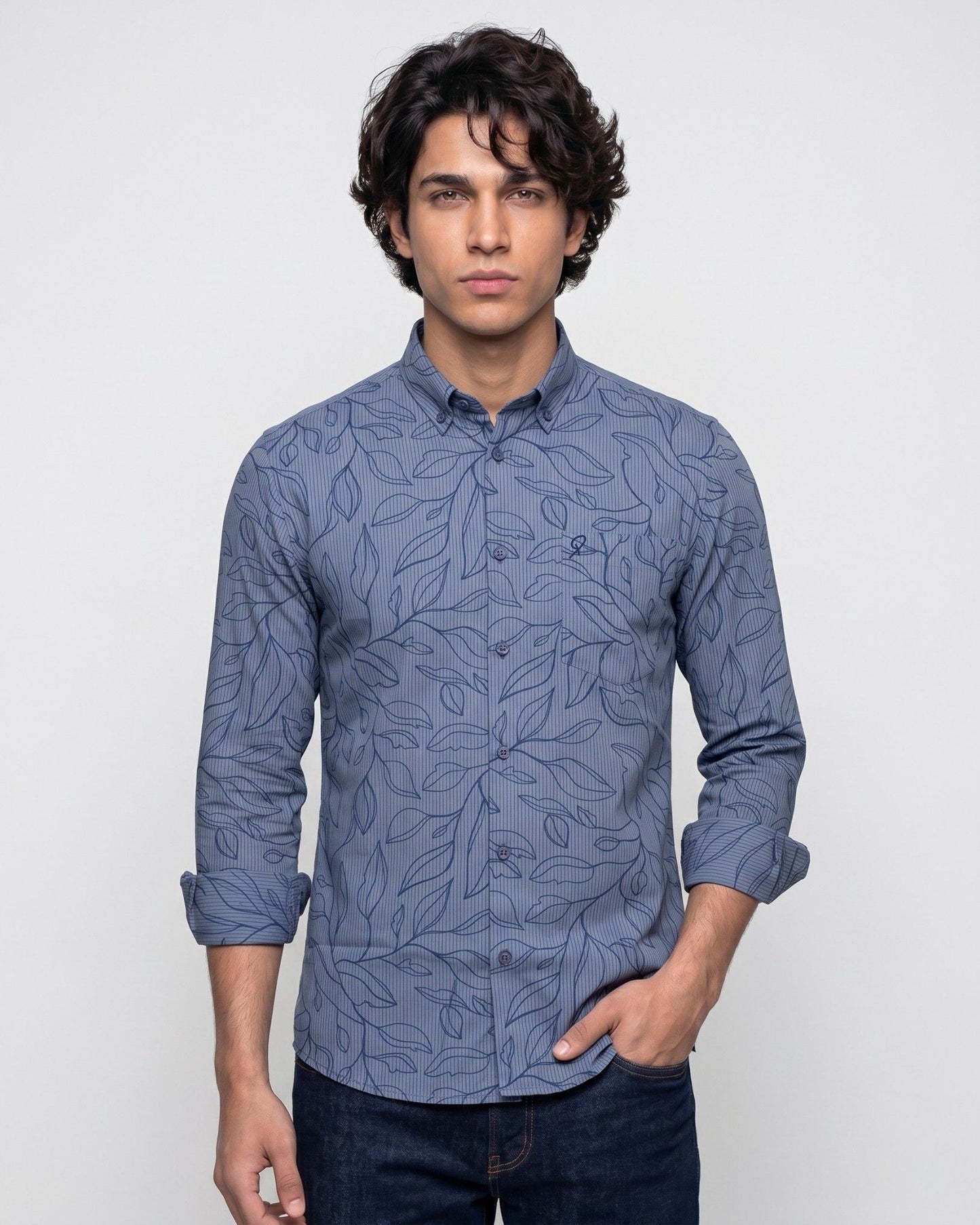 Blue Leafy Printed Shirt