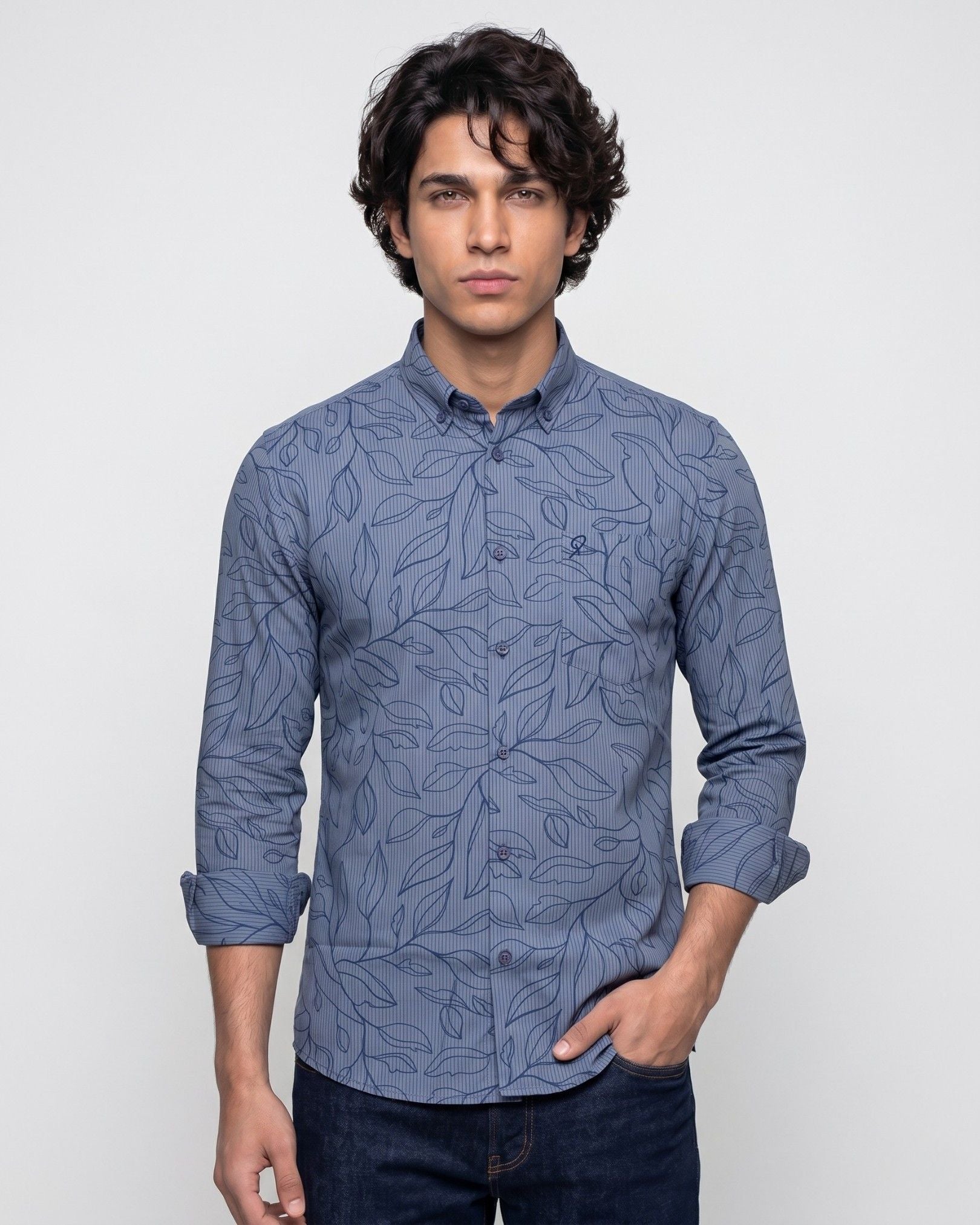 Blue Leafy Printed Shirt