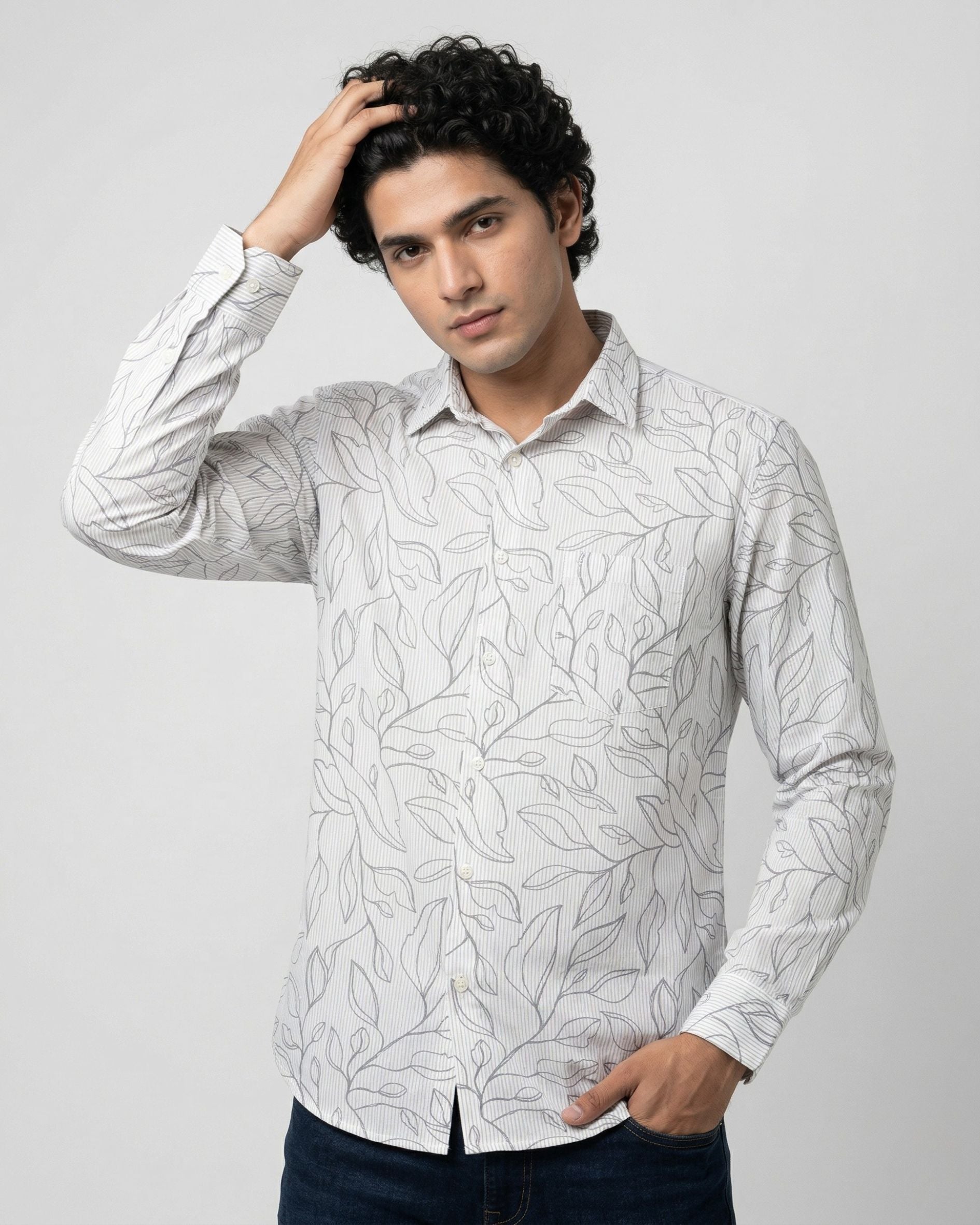 White Leafy Print Shirt