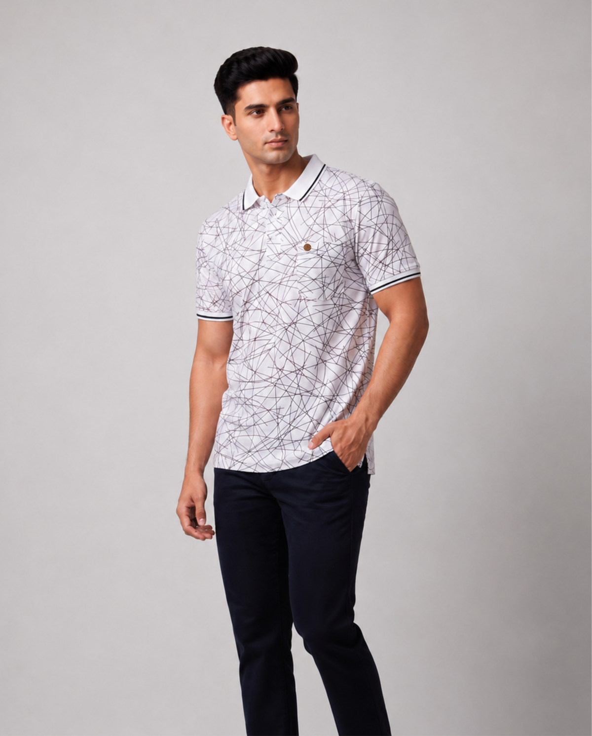 White Abstract Print Polo T-Shirt
