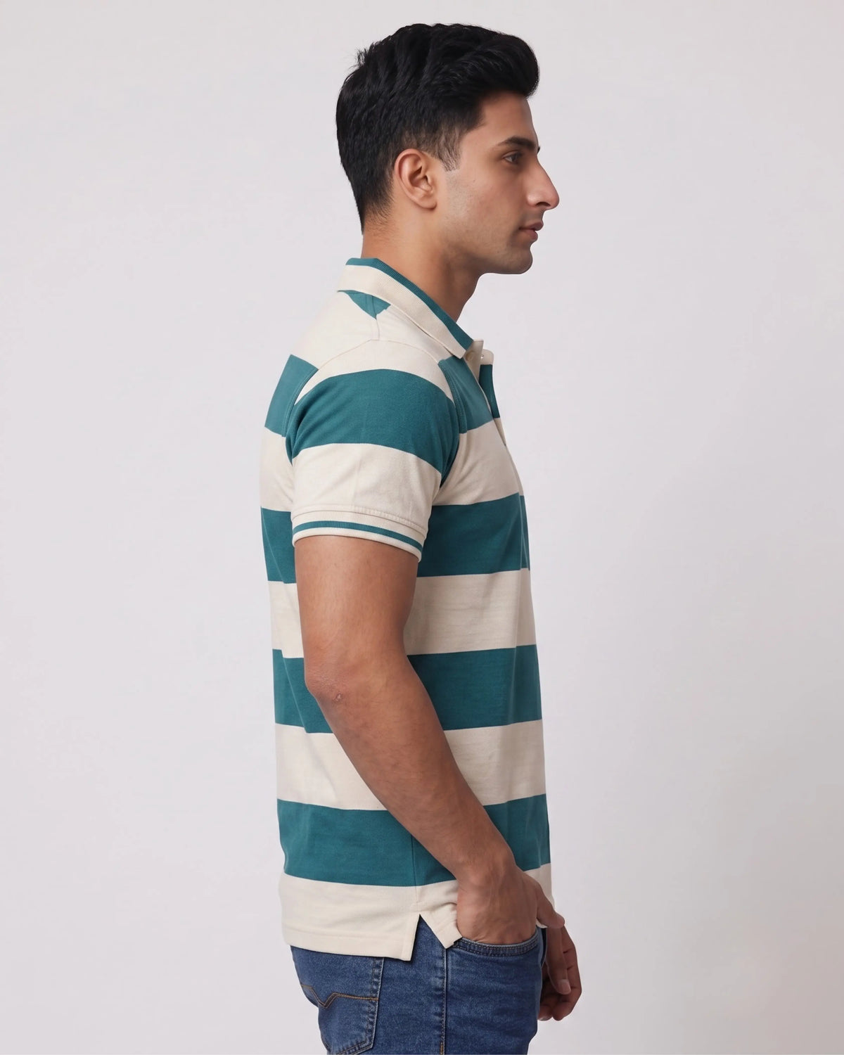 Teal & White Striped Polo T-Shirt