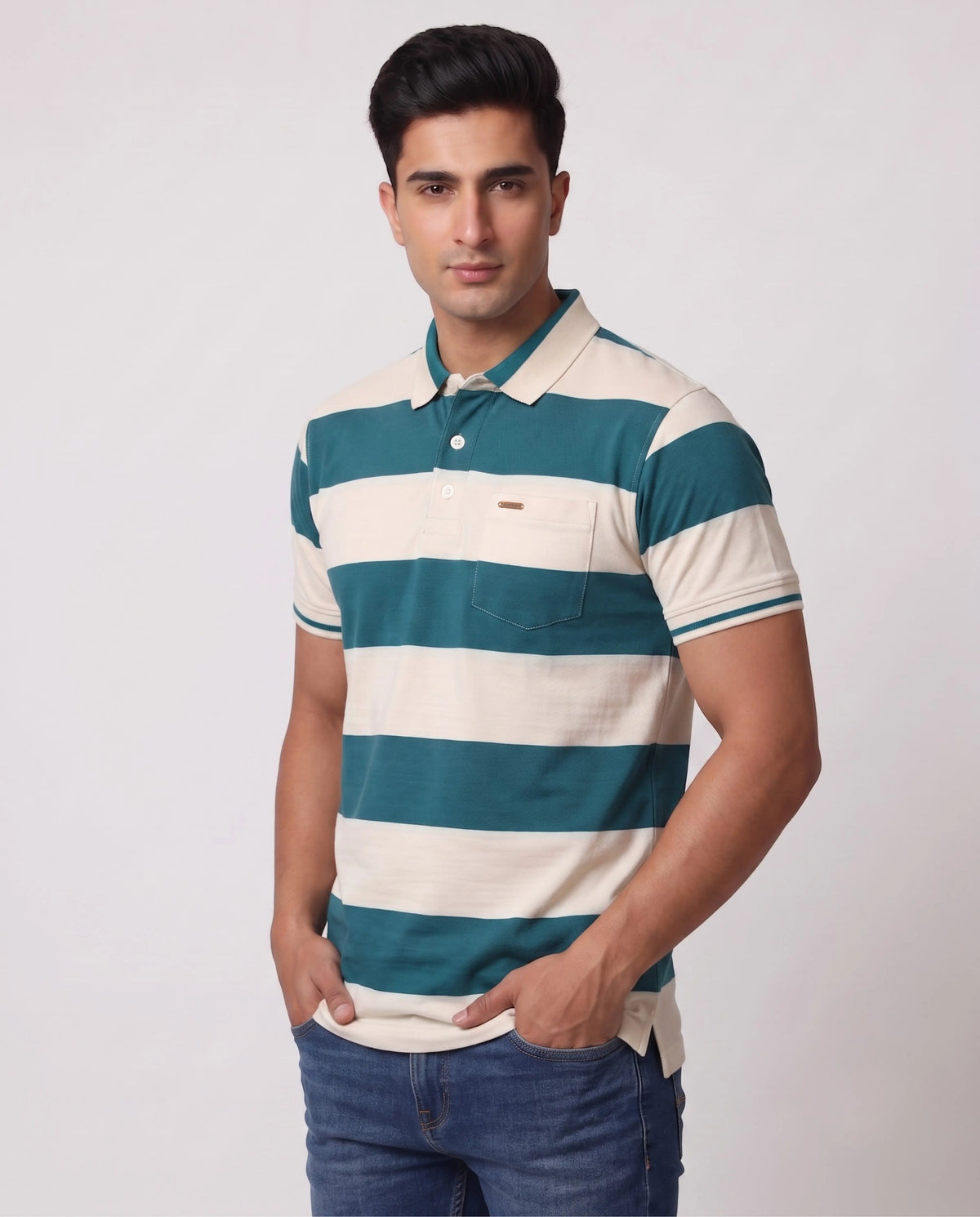Teal & White Striped Polo T-Shirt