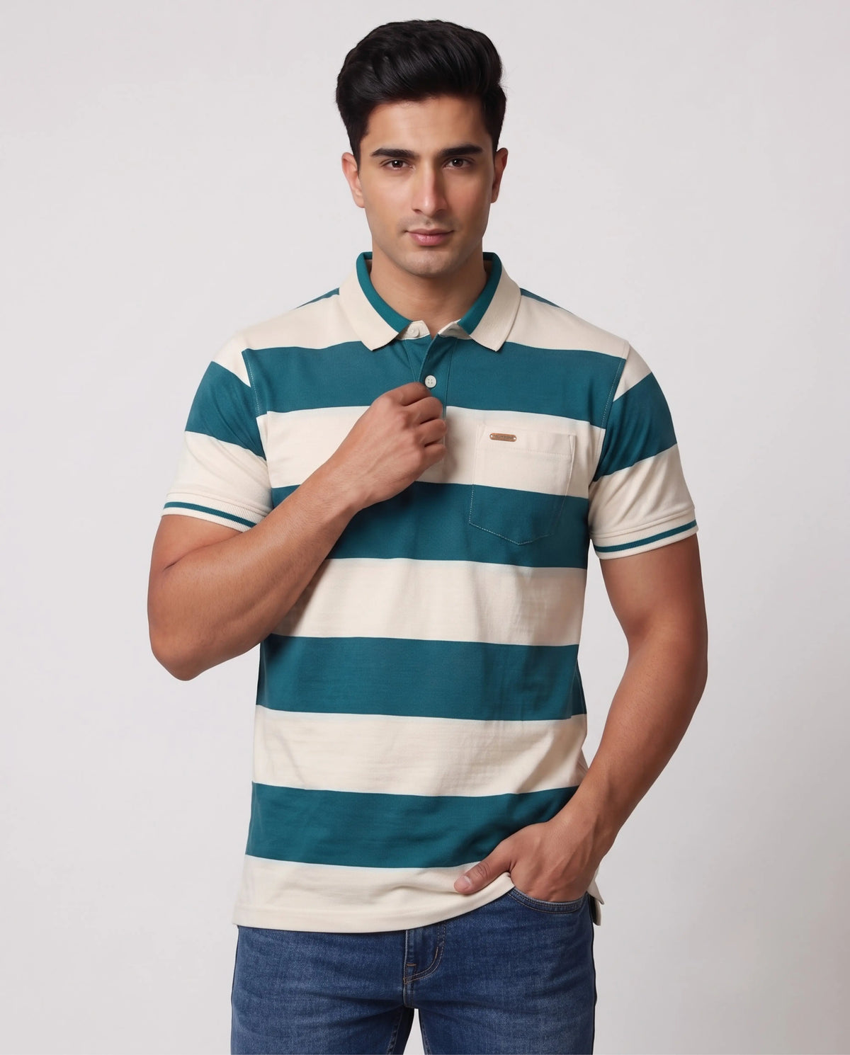 Teal & White Striped Polo T-Shirt