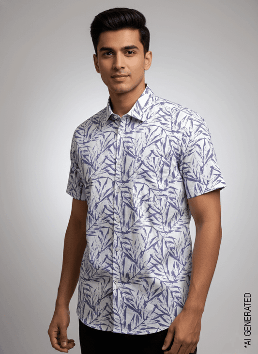 Blue White Leaf Print