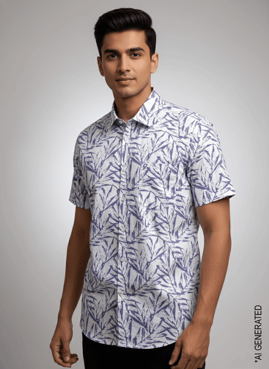 Blue White Leaf Print