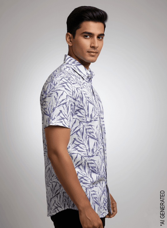 Blue White Leaf Print