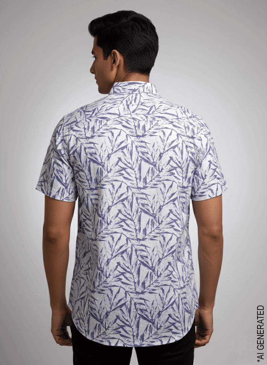 Blue White Leaf Print