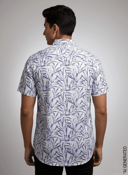 Blue White Leaf Print