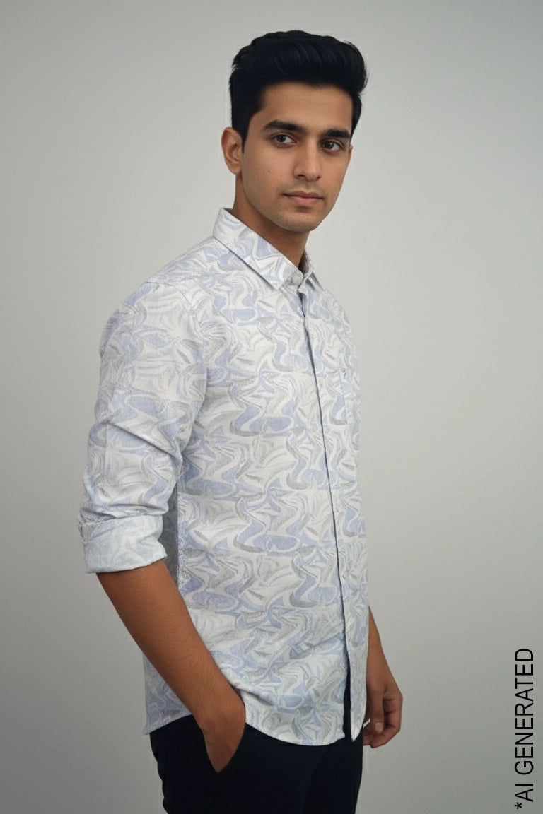 Full Sleeve White blue print Shirt