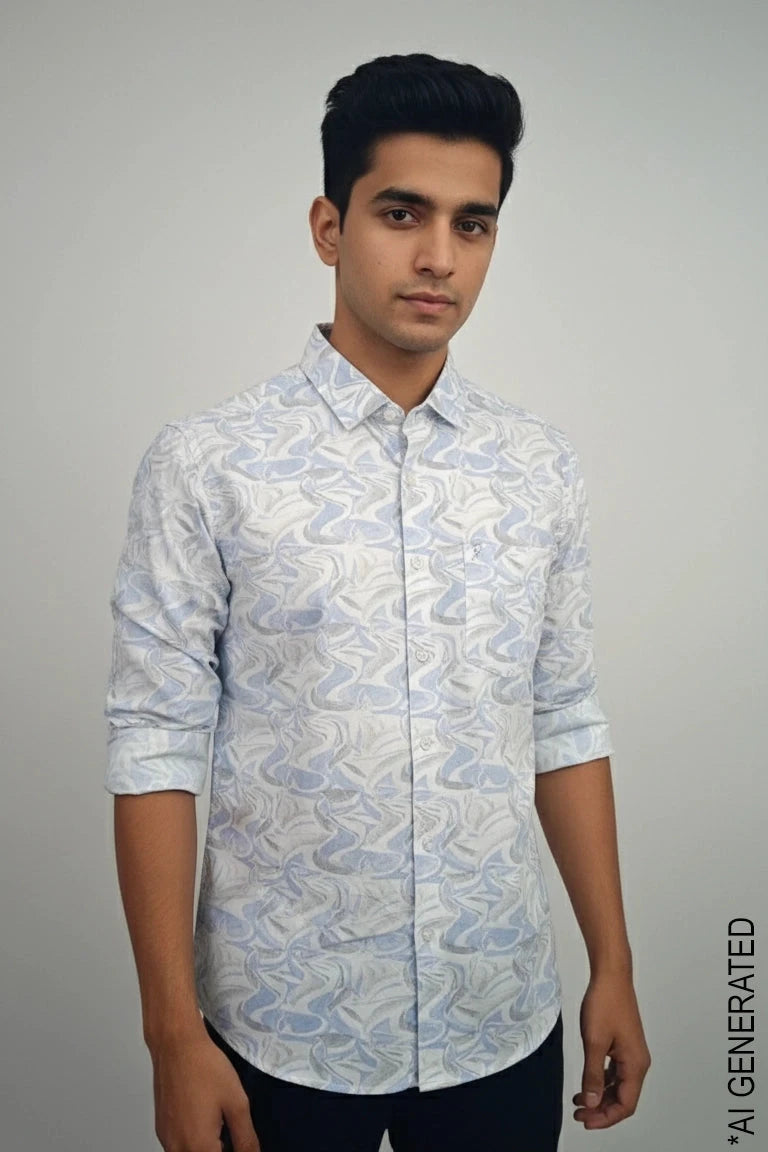 Full Sleeve White blue print Shirt