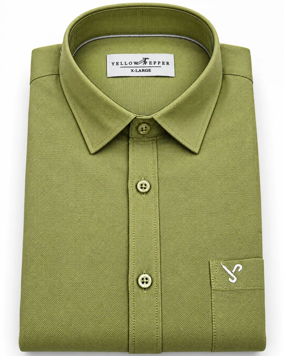 A folded olive green long-sleeve dress shirt with a pointed collar, three-button placket, and a left chest pocket featuring a small embroidered logo, shown on a white background.