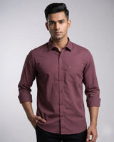 Men's maroon micro-dot long-sleeve button-down shirt with chest pocket.