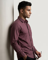 Men's maroon micro-dot long-sleeve button-down shirt with chest pocket.