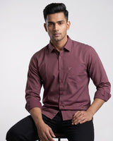 Men's maroon micro-dot long-sleeve button-down shirt with chest pocket.