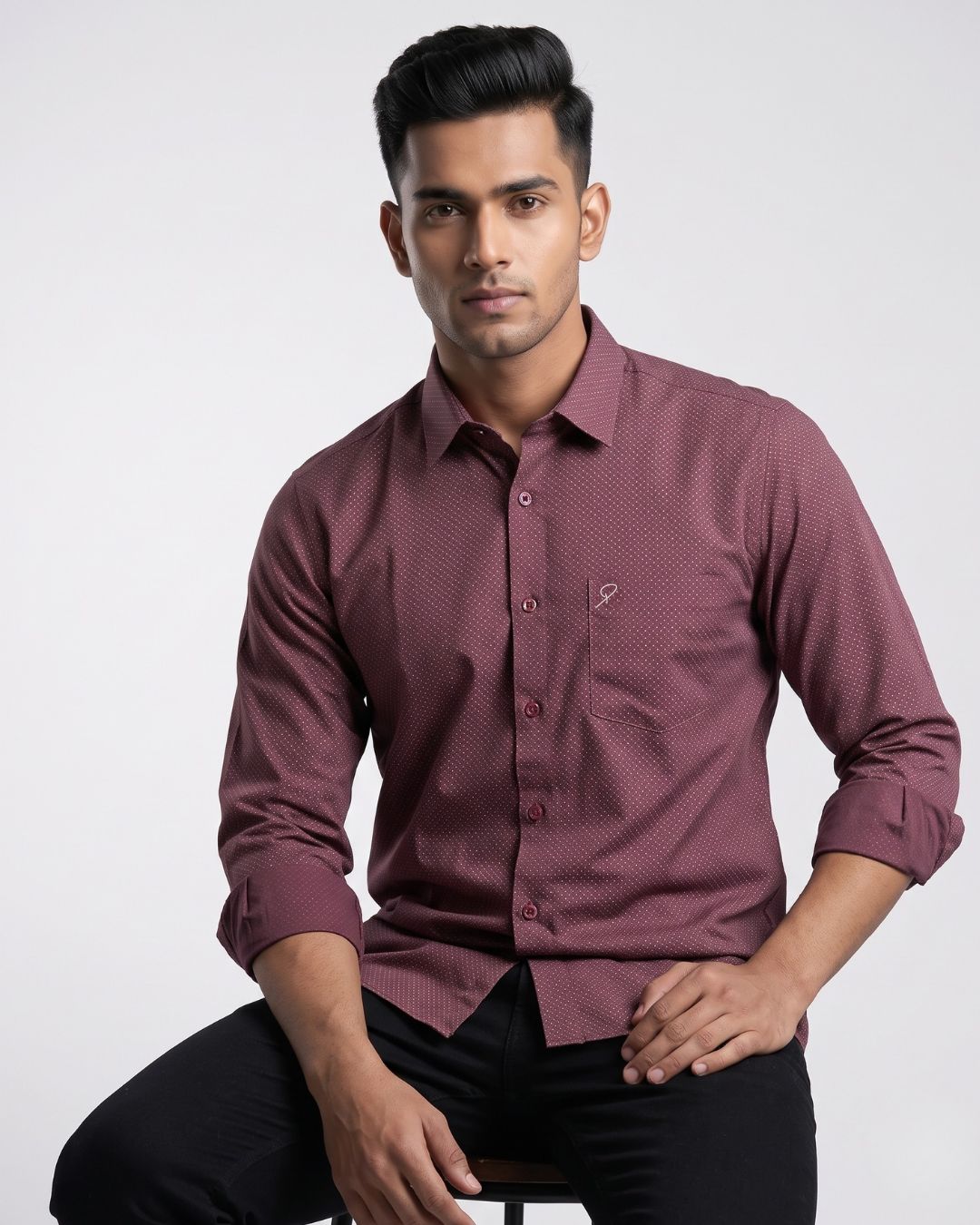 Men's maroon micro-dot long-sleeve button-down shirt with chest pocket.