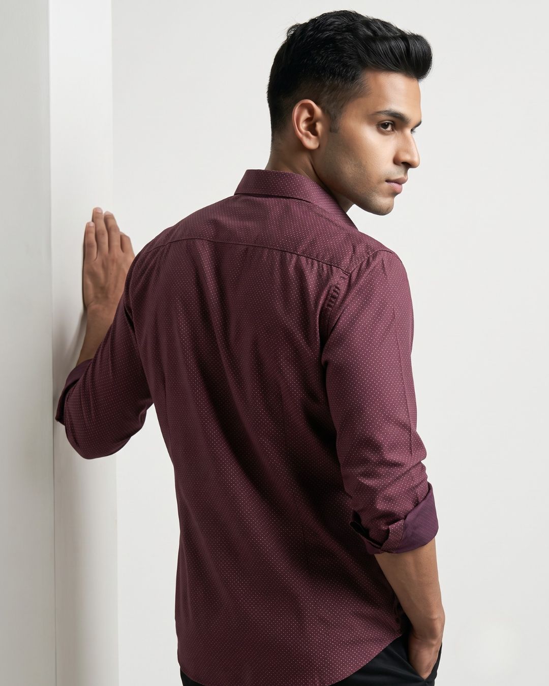 Men's maroon micro-dot long-sleeve button-down shirt with chest pocket.