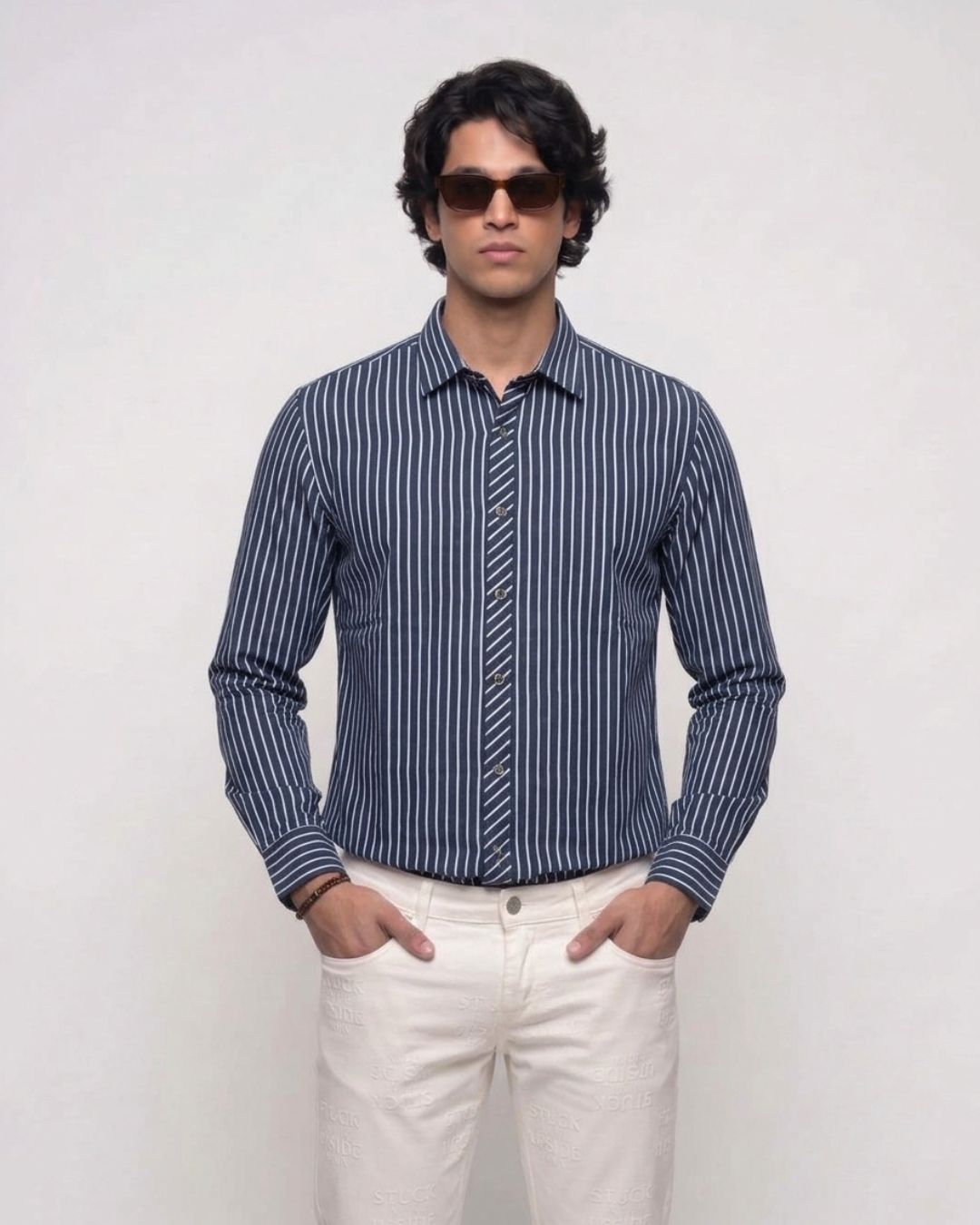 Men’s Navy Blue Vertical Striped Shirt