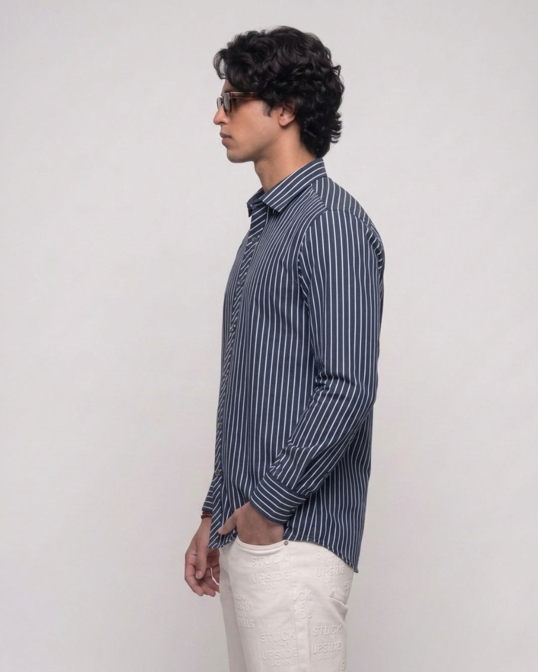 Men’s Navy Blue Vertical Striped Shirt