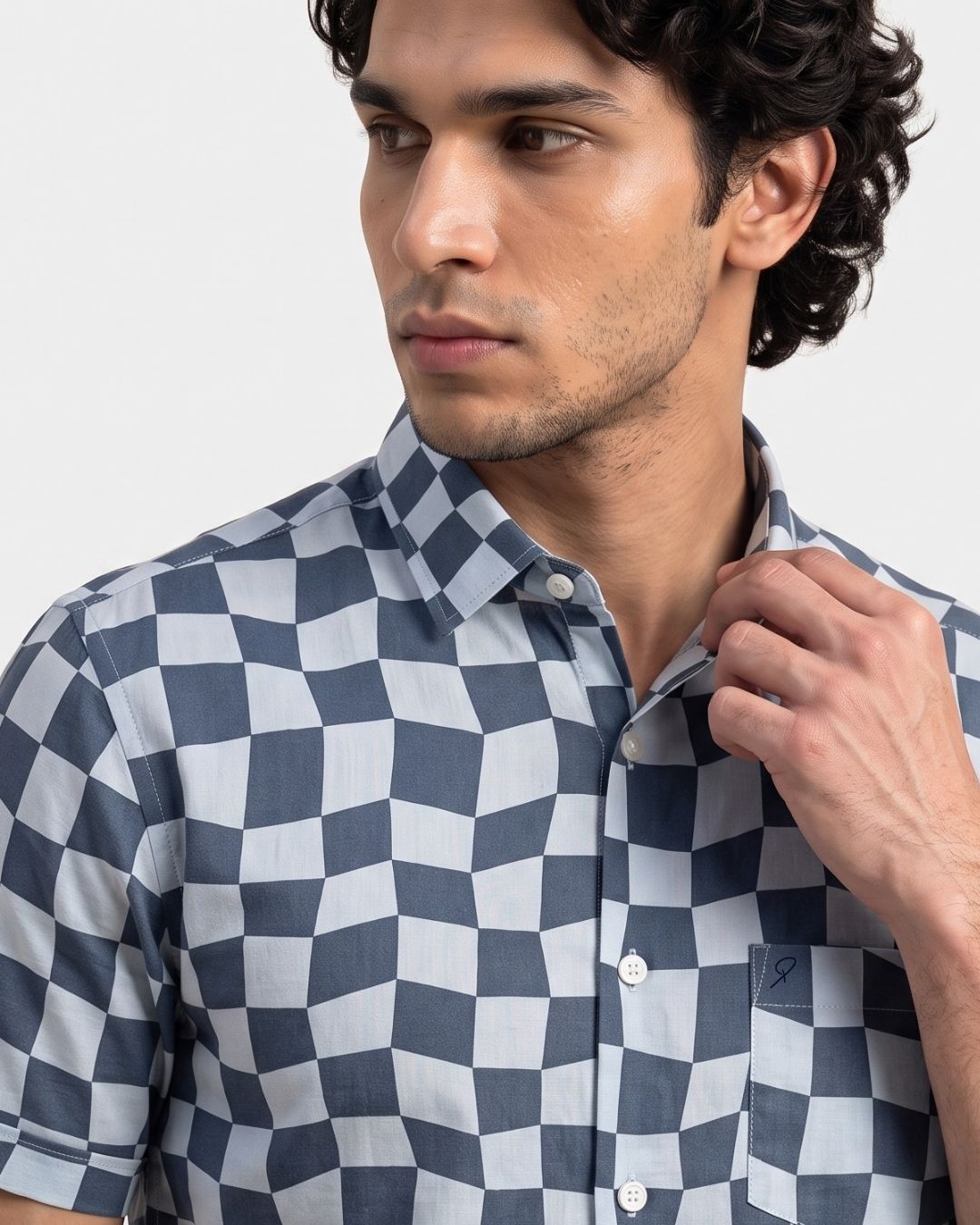 Men’s Grey and Light Blue Print Shirt