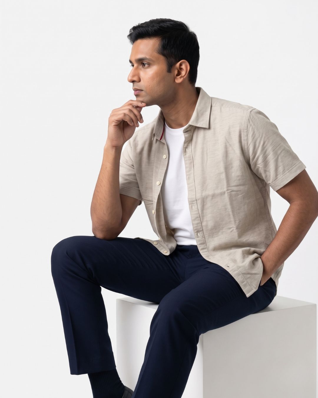 Men’s Beige Half-Sleeve Casual Shirt
