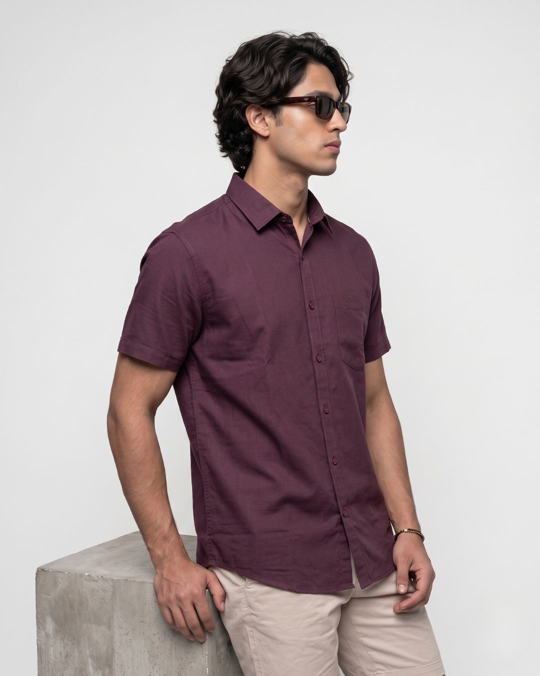 Men’s Wine Half-Sleeve Casual Shirt