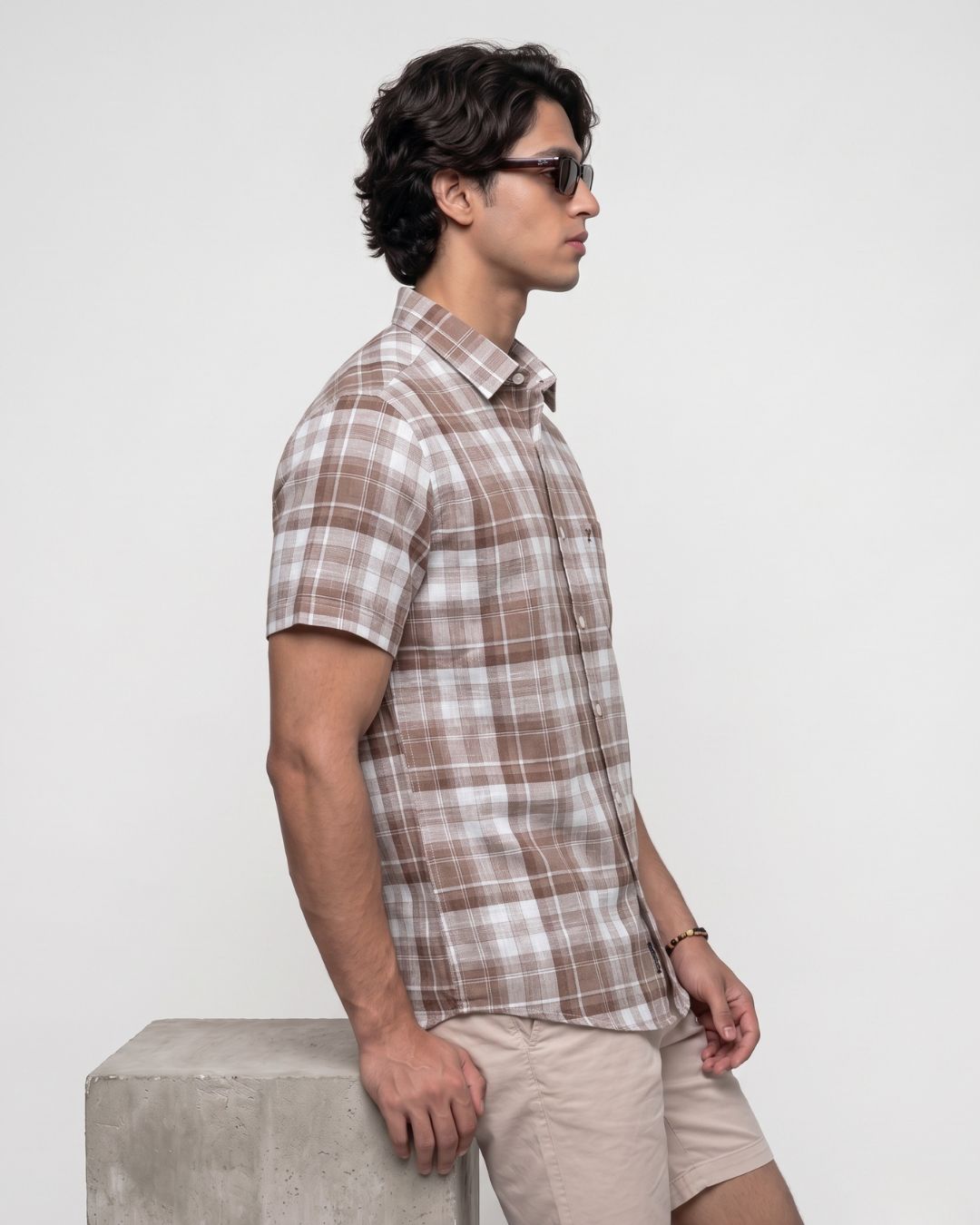 Men’s Brown & White Check Half-Sleeve Shirt