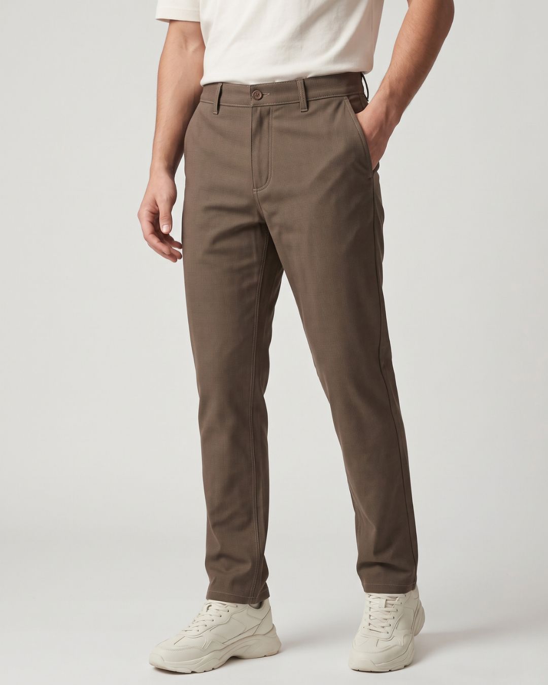 A person wearing slim-fit brown chinos with a white t-shirt and white sneakers, shown from the waist down against a light gray studio background.