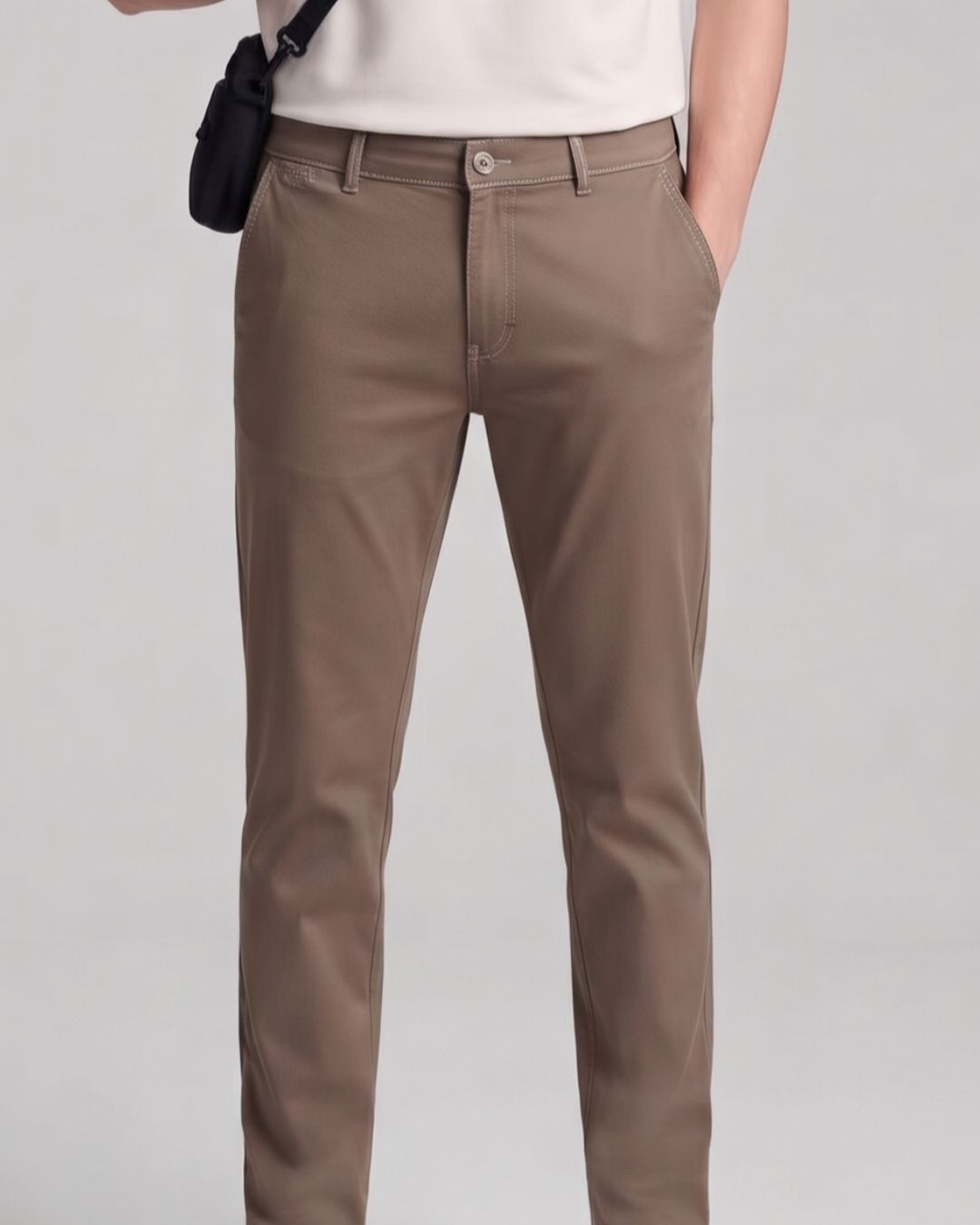 A person wearing slim-fit brown chinos with a white top and a black crossbody bag, shown from the waist down against a light gray studio background.
