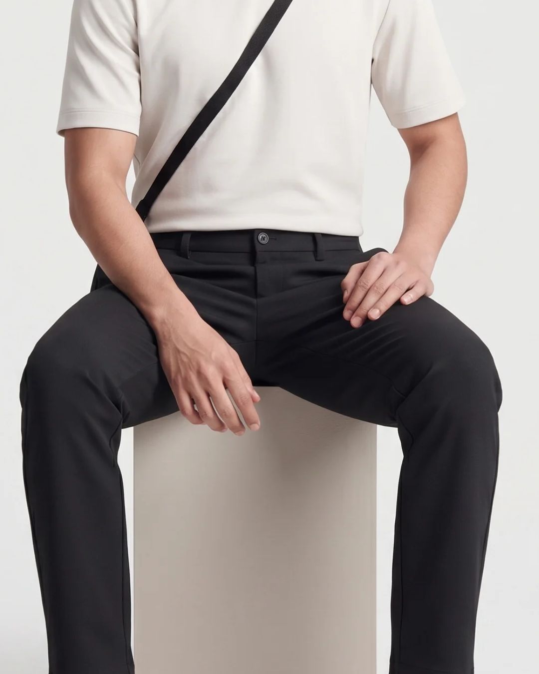 Rear view of a person wearing black tailored trousers with a cream top and a black shoulder bag strap visible against a light gray studio background.